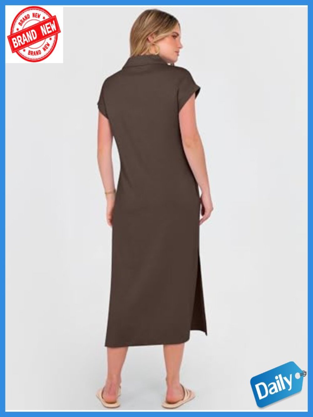 Short Sleeve V-Neck Maxi Dress with Pockets, Casual Loose Fit, Wrinkle-Free - Picture 4 of 6
